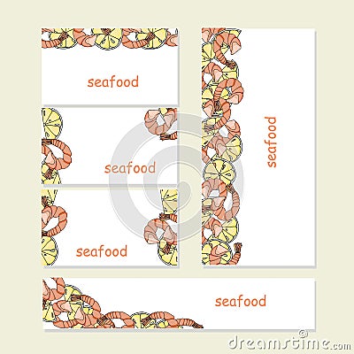 Seafood banners set. Pink shrimp yellow lemon slice watercolor hand drawn art design elements Vector Illustration